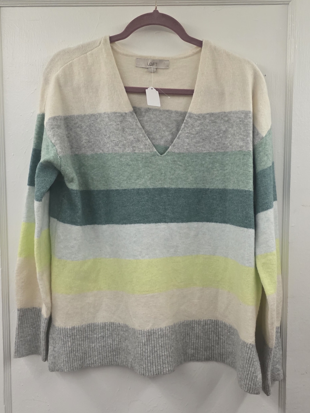 LOFT Colorblock Striped V-Neck Sweater Green Gray Cream | Size Large